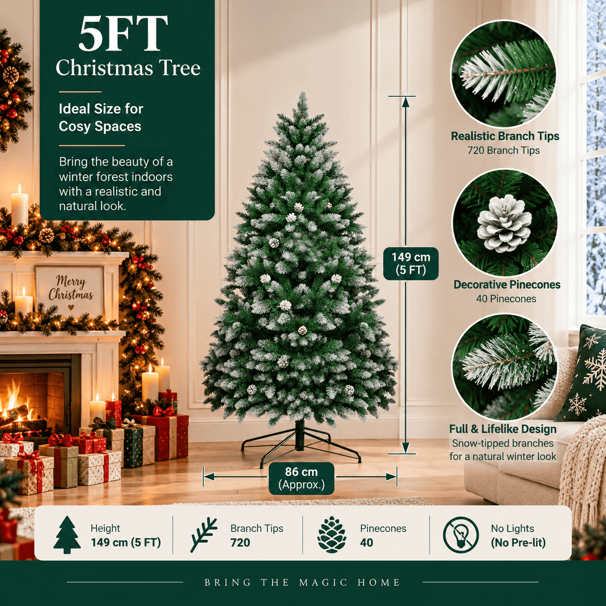 Snow-Flocked Artificial Christmas Tree with Pine Cones - Realistic Green Xmas Tree for Indoor Home Decoration