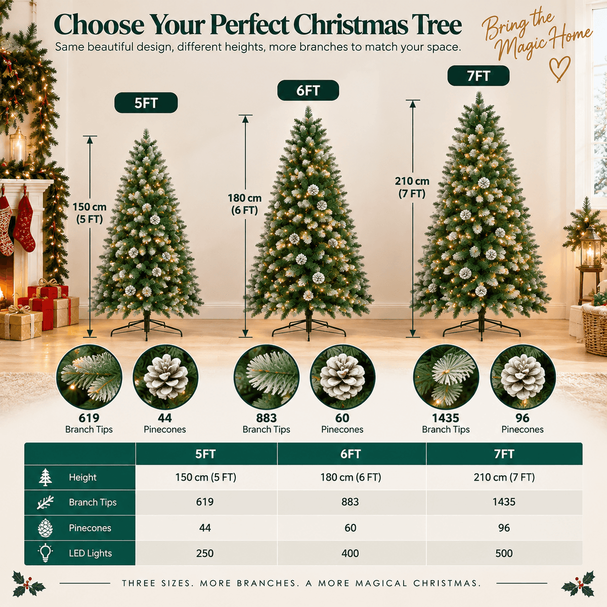 Snow Flocked Artificial Christmas Tree with Pine Cones - Full PVC Xmas Tree with 8-Mode Warm White LED Lights, 6ft/7ft