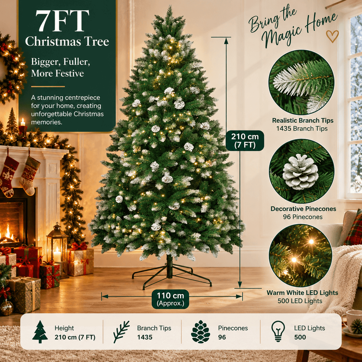 Snow Flocked Artificial Christmas Tree with Pine Cones - Full PVC Xmas Tree with 8-Mode Warm White LED Lights, 6ft/7ft