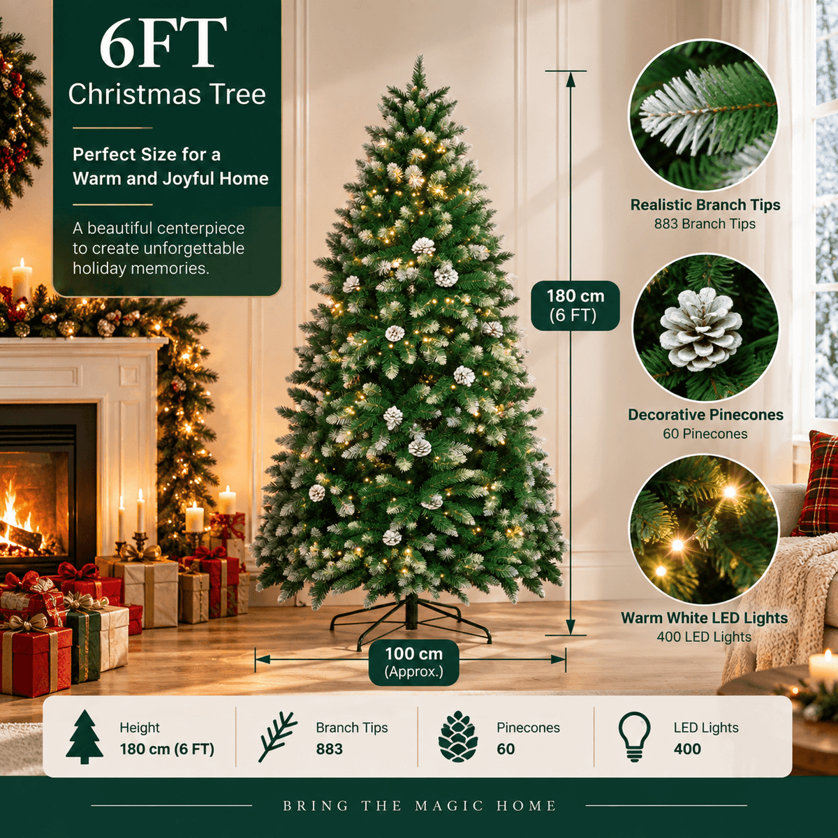 Snow Flocked Artificial Christmas Tree with Pine Cones - Full PVC Xmas Tree with 8-Mode Warm White LED Lights, 6ft/7ft