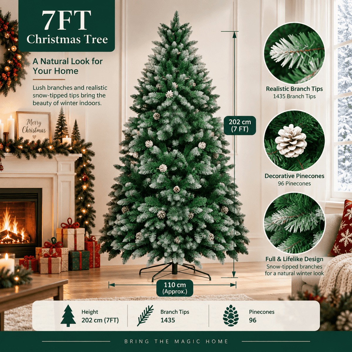 Snow-Flocked Artificial Christmas Tree with Pine Cones - Realistic Green Xmas Tree for Indoor Home Decoration