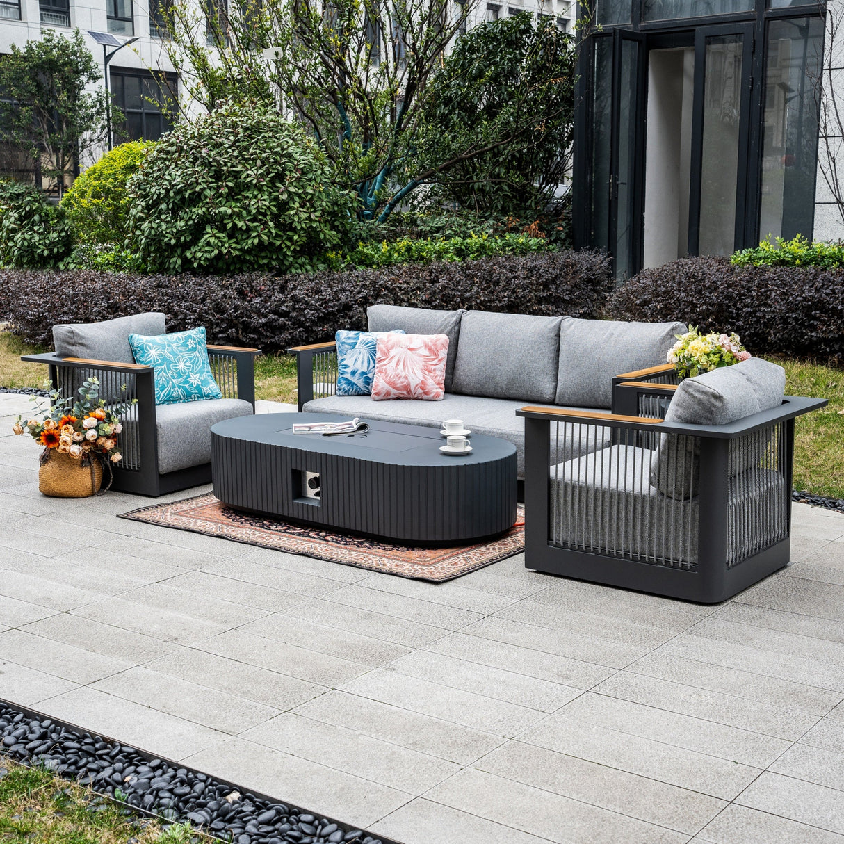 TALARA 5-Seater Aluminium Sofa Set with LYRIN Fire Pit Table