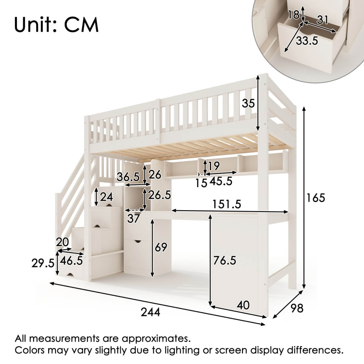 Single High Sleeper Bed with Desk and Storage Stairs - Wooden Loft Bed with Large Corner Desk, Shelves and Safety Guard Rails, White