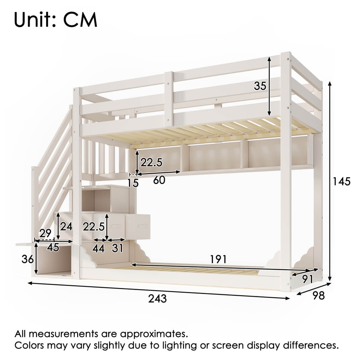 Kids Bunk Bed with Storage Stairs - Solid Wood Bunk Beds with 3 Open Shelves and Wraparound Safety Rails, White