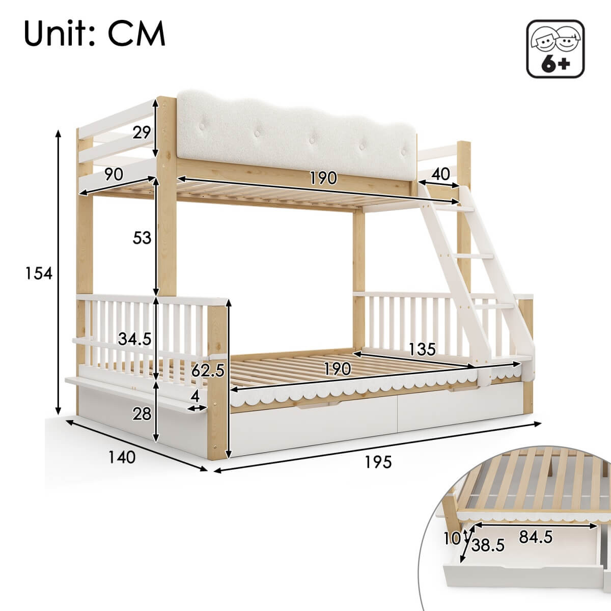Wooden Bunk Bed for Kids - Single Over Double Bunk Bed with Drawers & Side Bookcase, White & Natural
