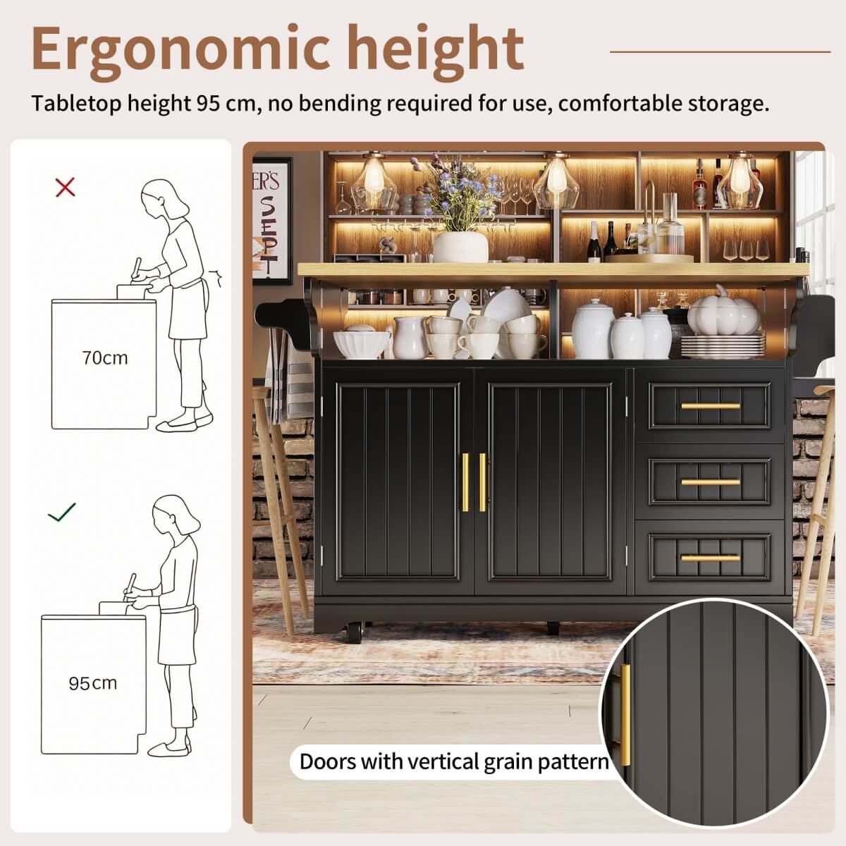 Black Kitchen Island with Extendable Dining Table - Rolling Kitchen Island with Storage Drawers, Vertical Slat Doors and Double Fold-Out Worktop