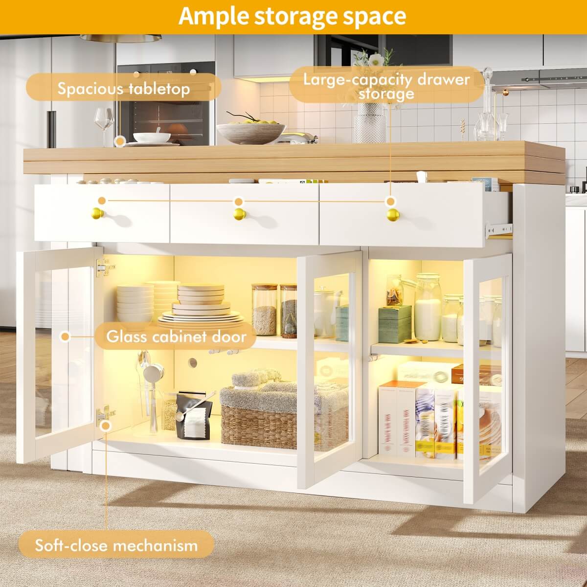 Extendable Kitchen Island with LED Lights - 120-200cm Dining Table with Storage, Drawers and Glass Cabinets, White