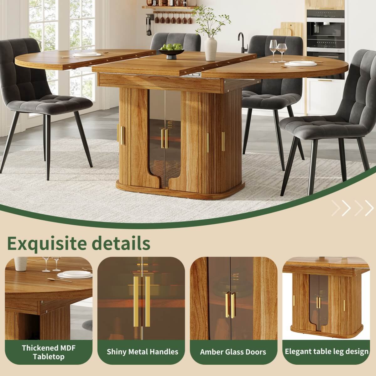 Extendable Round Dining Table 118–158cm - Kitchen Table Converts to Oval, Seats 6, Glass Door Storage, Walnut