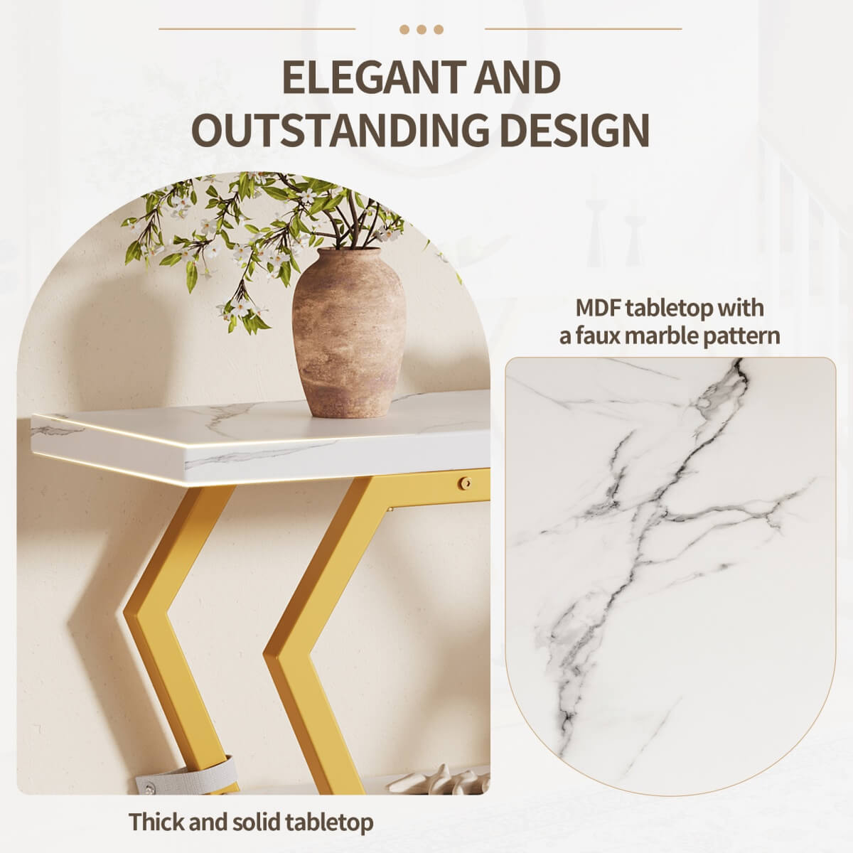 Wooden Console Table with Marble-Look Top – Slim Dining or Kitchen Table