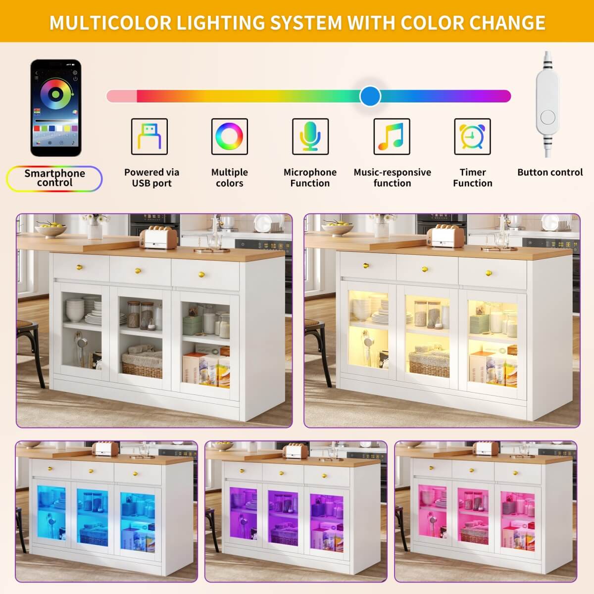 Extendable Kitchen Island with LED Lights - 120-200cm Dining Table with Storage, Drawers and Glass Cabinets, White