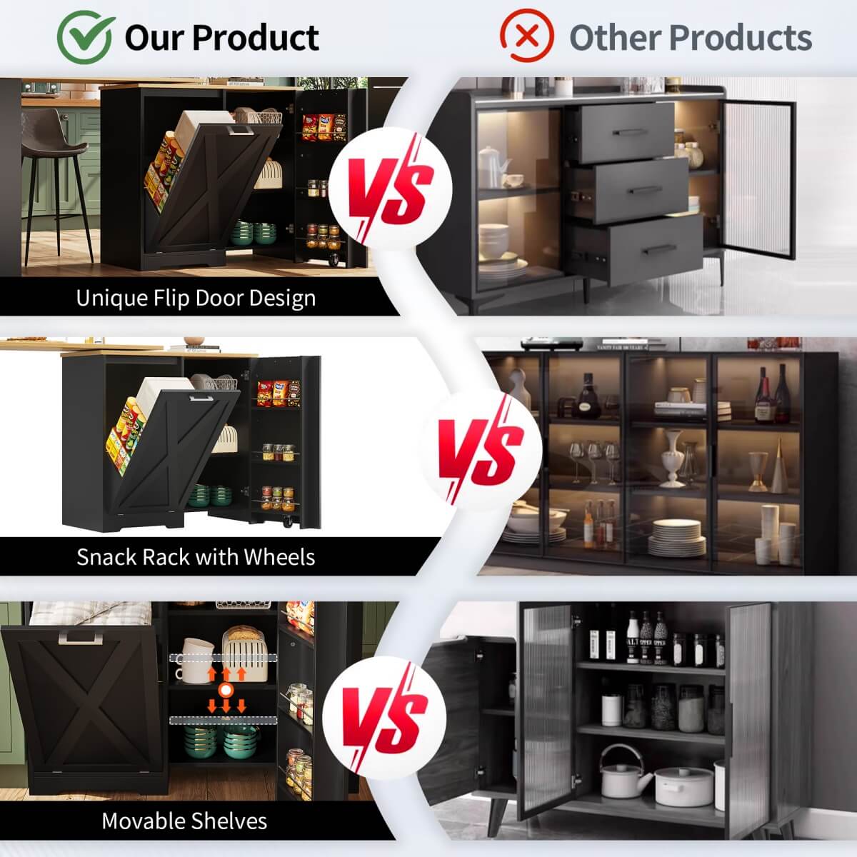 360° Rotating Kitchen Island Cabinet — Swivel Storage Sideboard with Shelves, Black