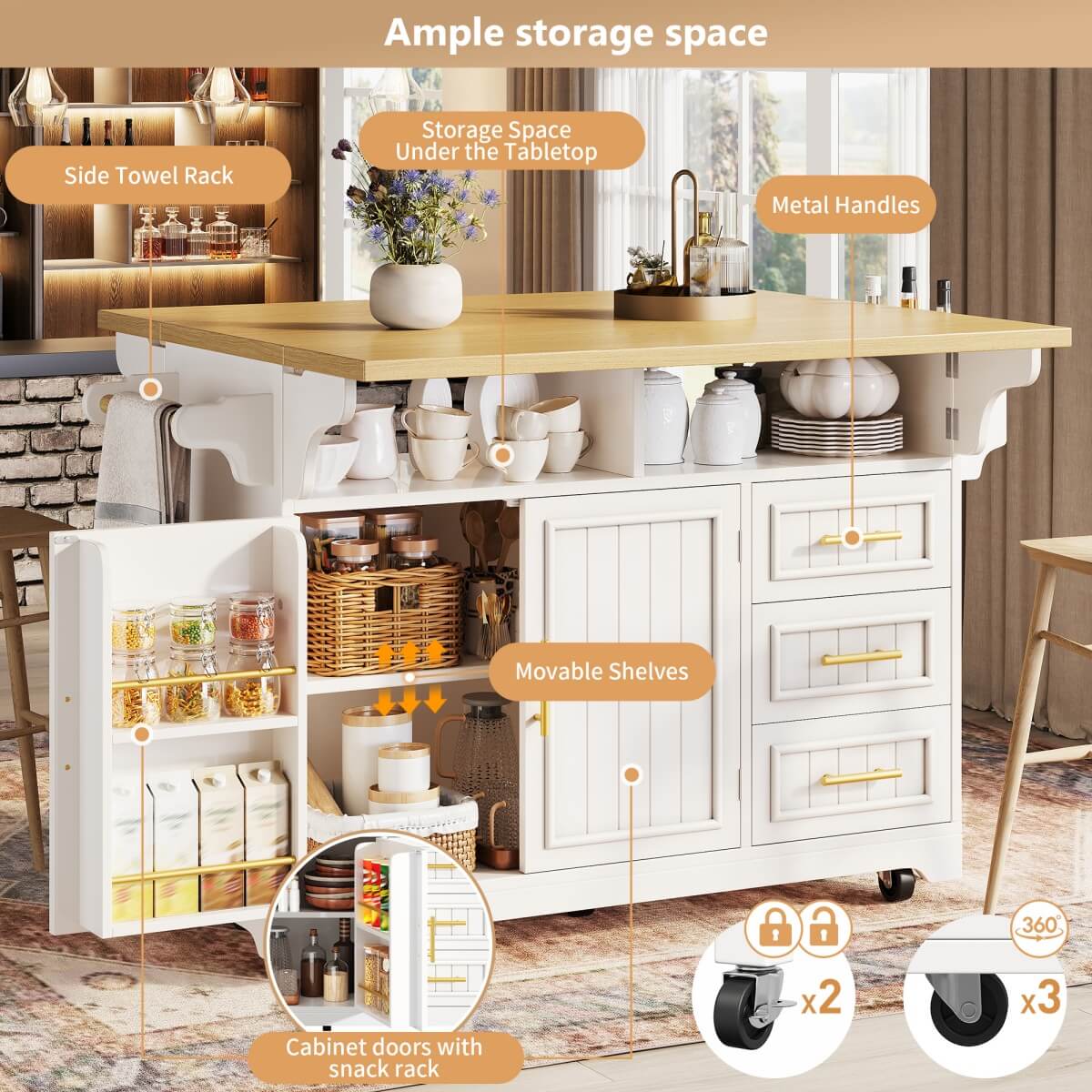 White Kitchen Island with Extendable Dining Table - Rolling Kitchen Island with Storage Drawers, Vertical Slat Doors and Double Fold-Out Worktop