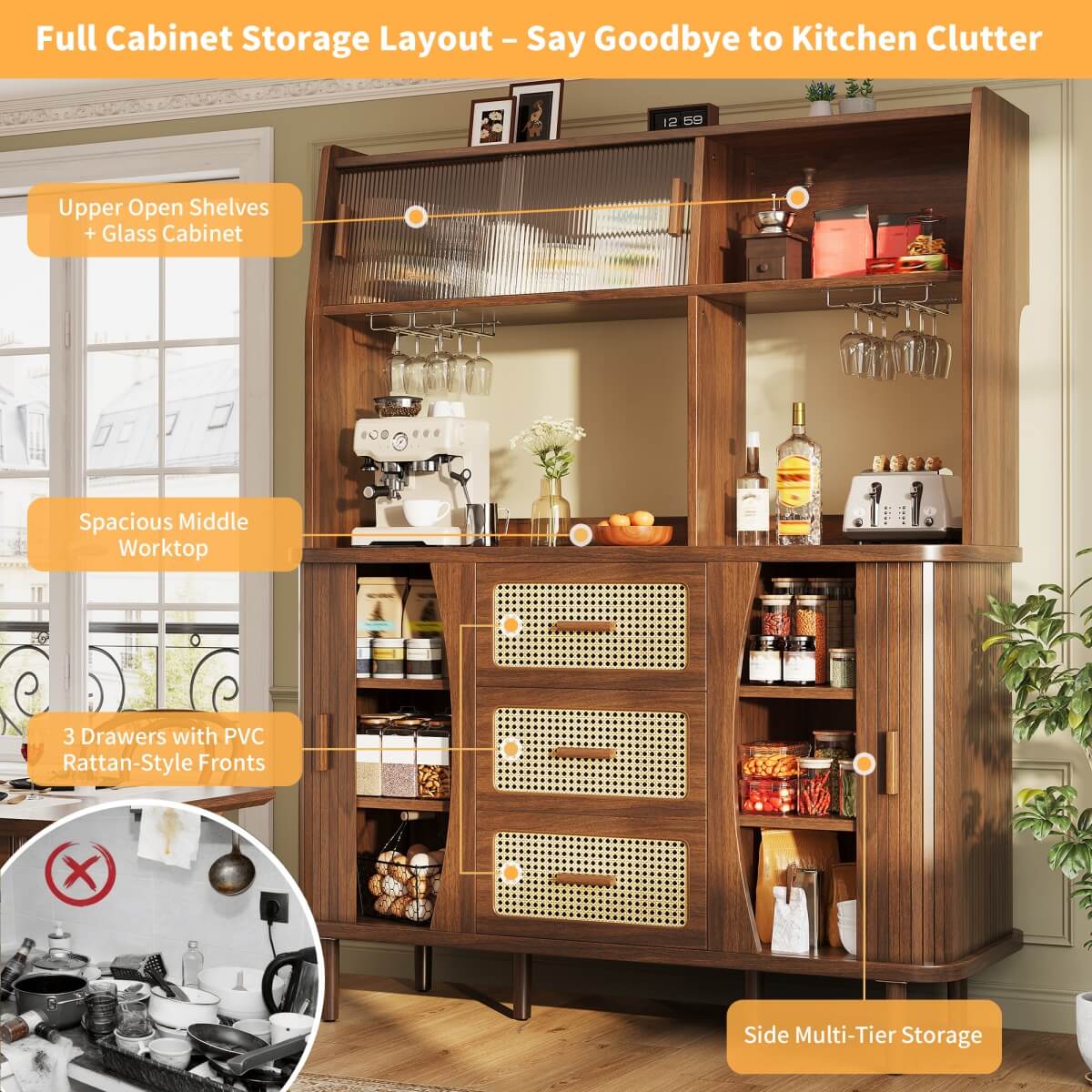 174.5cm Rattan Sideboard - Kitchen Storage Cabinet with Glass Sliding Doors, Natural Oak & Walnut Effect