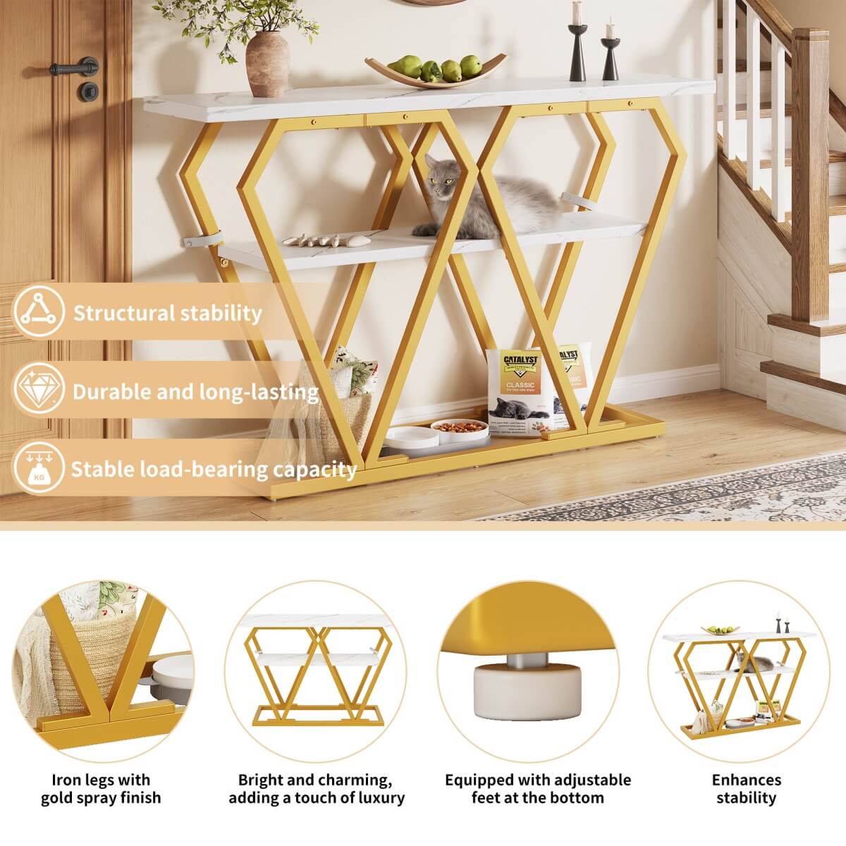 Wooden Console Table with Marble-Look Top – Slim Dining or Kitchen Table