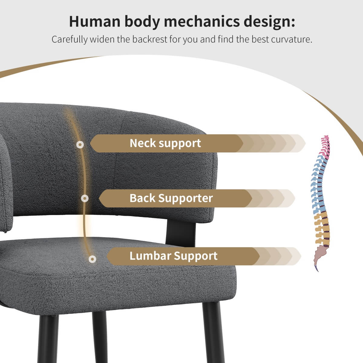 Set of 2 Modern Dining Chairs – Upholstered Fabric Dining Room Chairs with Curved Backrest, Padded Seat and Metal Legs