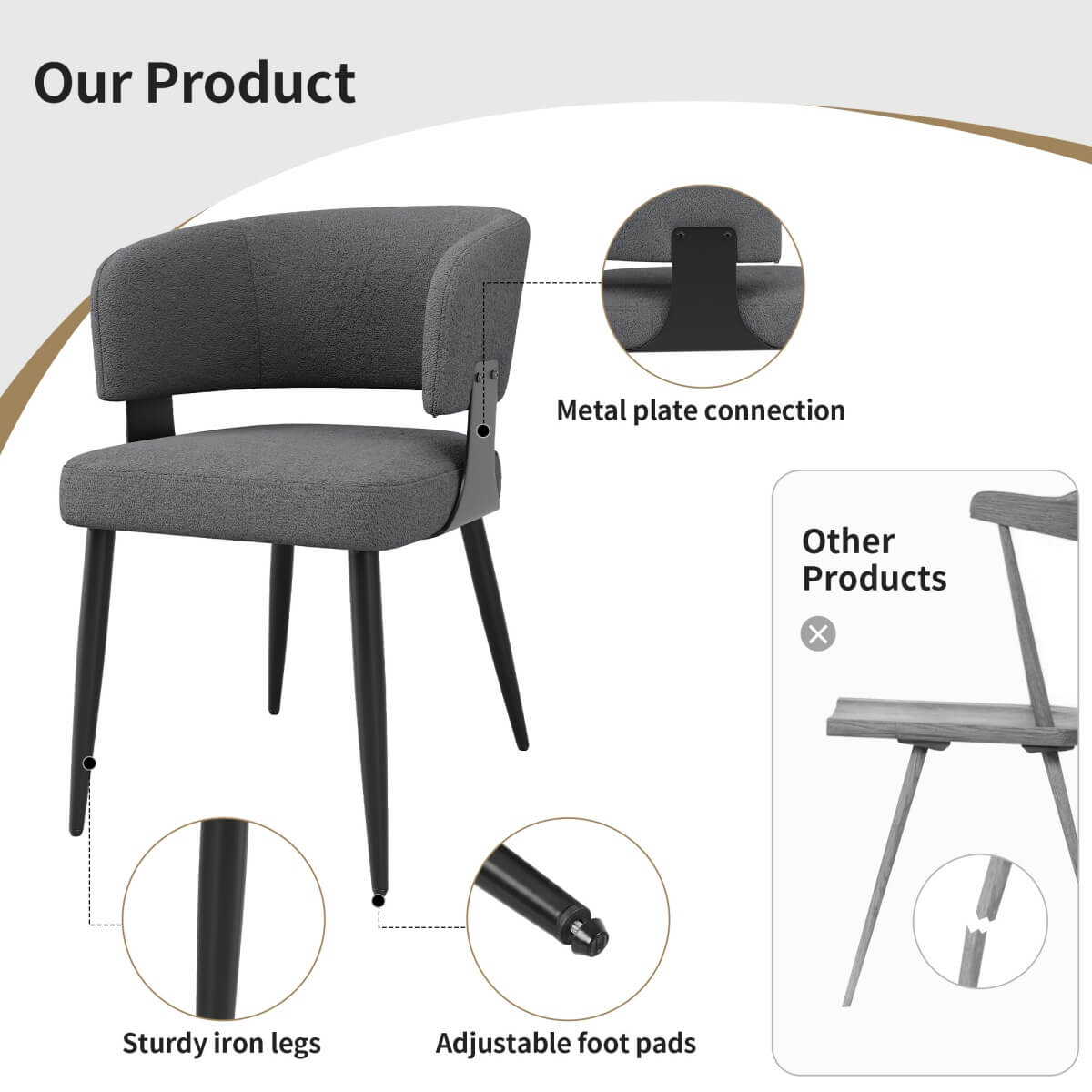 Set of 2 Modern Dining Chairs – Upholstered Fabric Dining Room Chairs with Curved Backrest, Padded Seat and Metal Legs