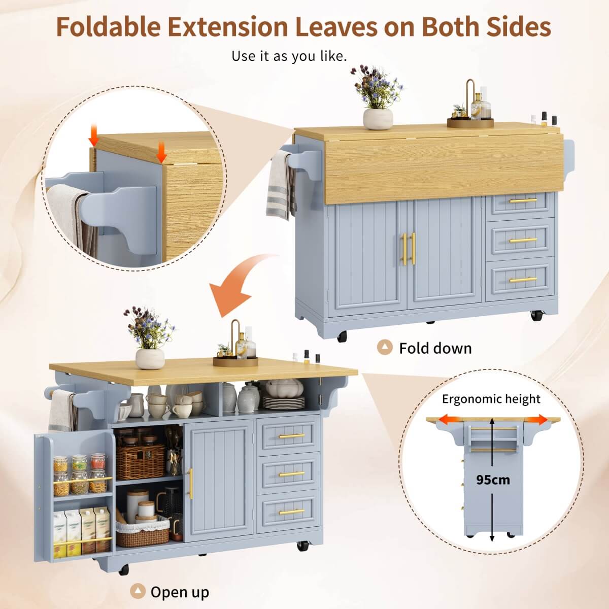 Blue Kitchen Island with Extendable Dining Table - Rolling Kitchen Island with Storage Drawers, Vertical Slat Doors and Double Fold-Out Worktop