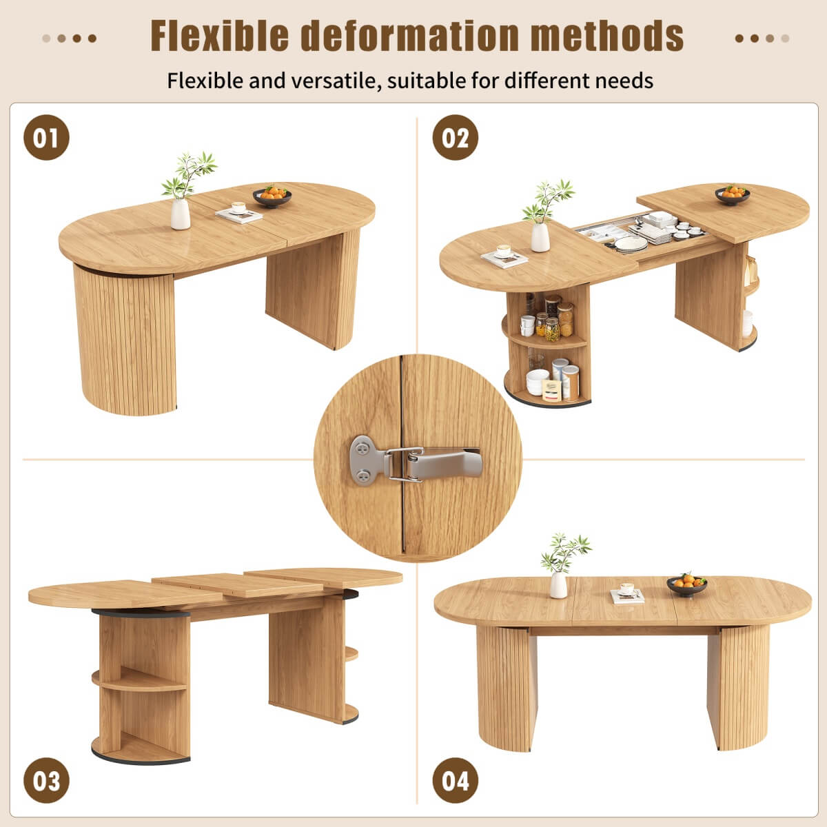 Extendable Dining Table with Hidden Storage - Space Saving Kitchen & Living Room Table, Natural Wood