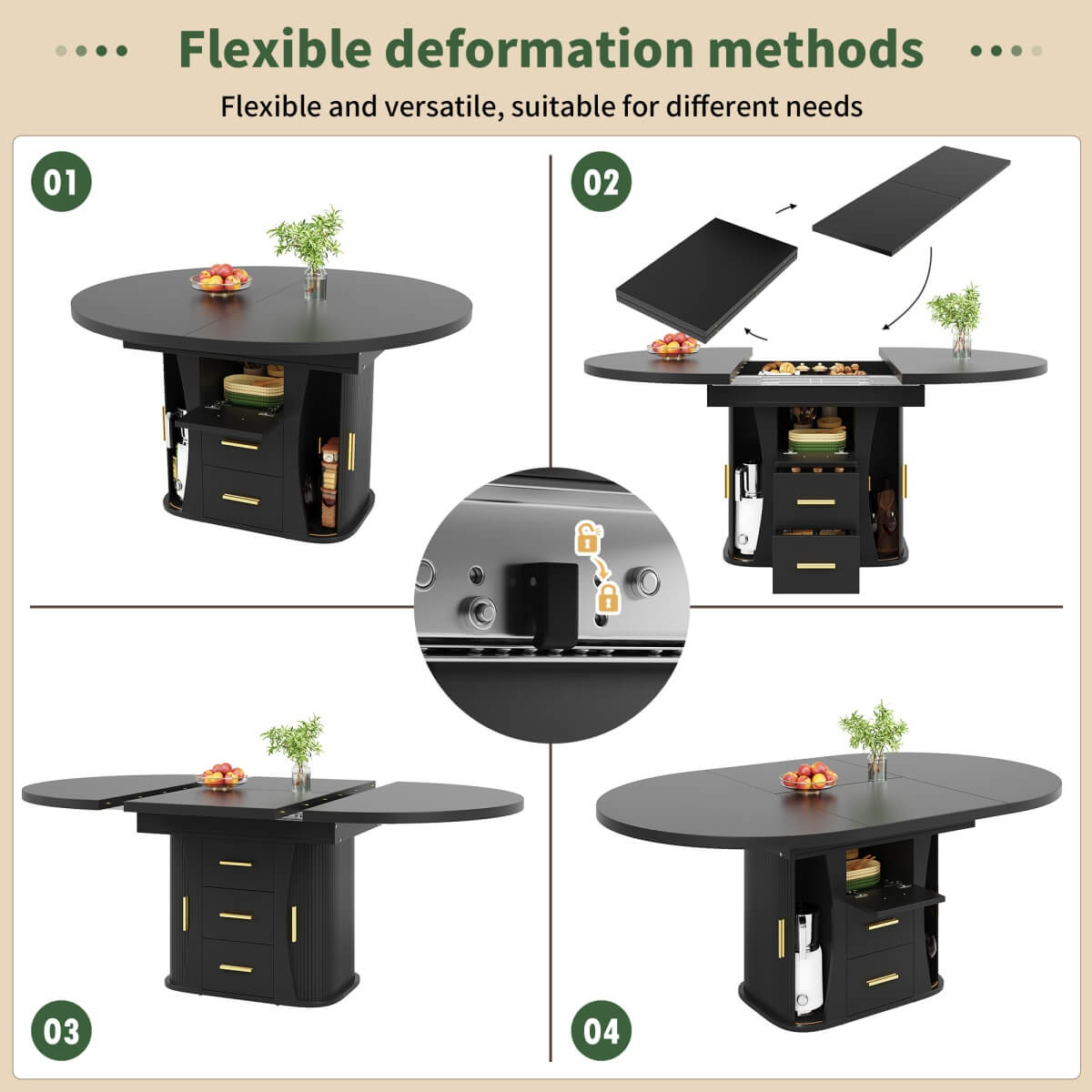 Extendable Round Dining Table 118–158cm - Kitchen Table Converts to Oval, Seats 6, 3-Tier Storage, Black