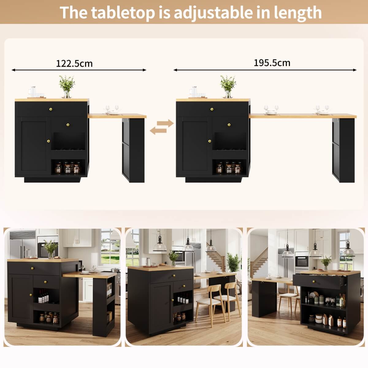 Extendable Kitchen Island with Storage - 122.5–195.5cm Bar Table with 3 Drawers, Wine Rack & Side Shelves, Seats 2–6, Black