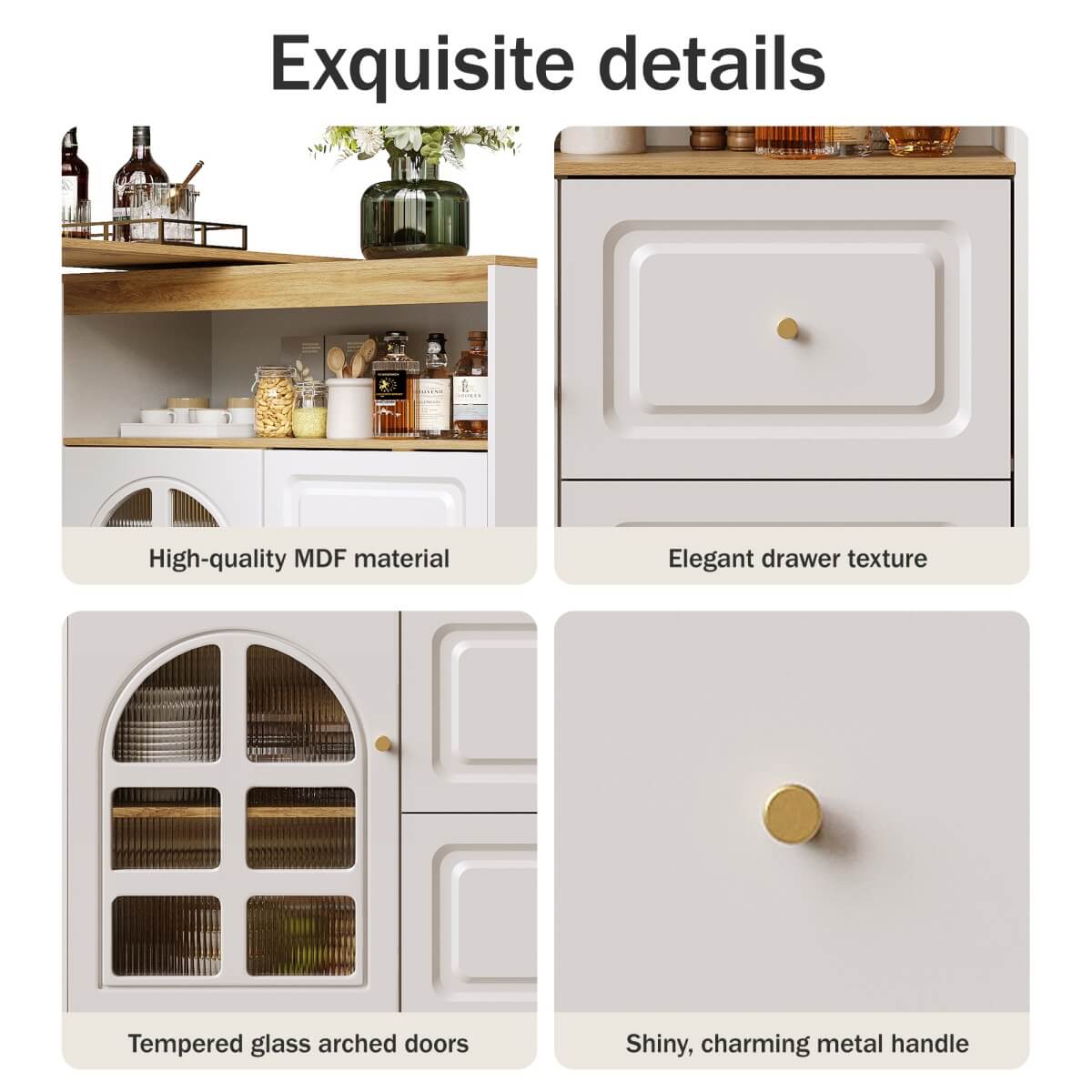 Rotating Sideboard Cabinet - 2 Drawers with Open Storage & Curved Glass Shelves