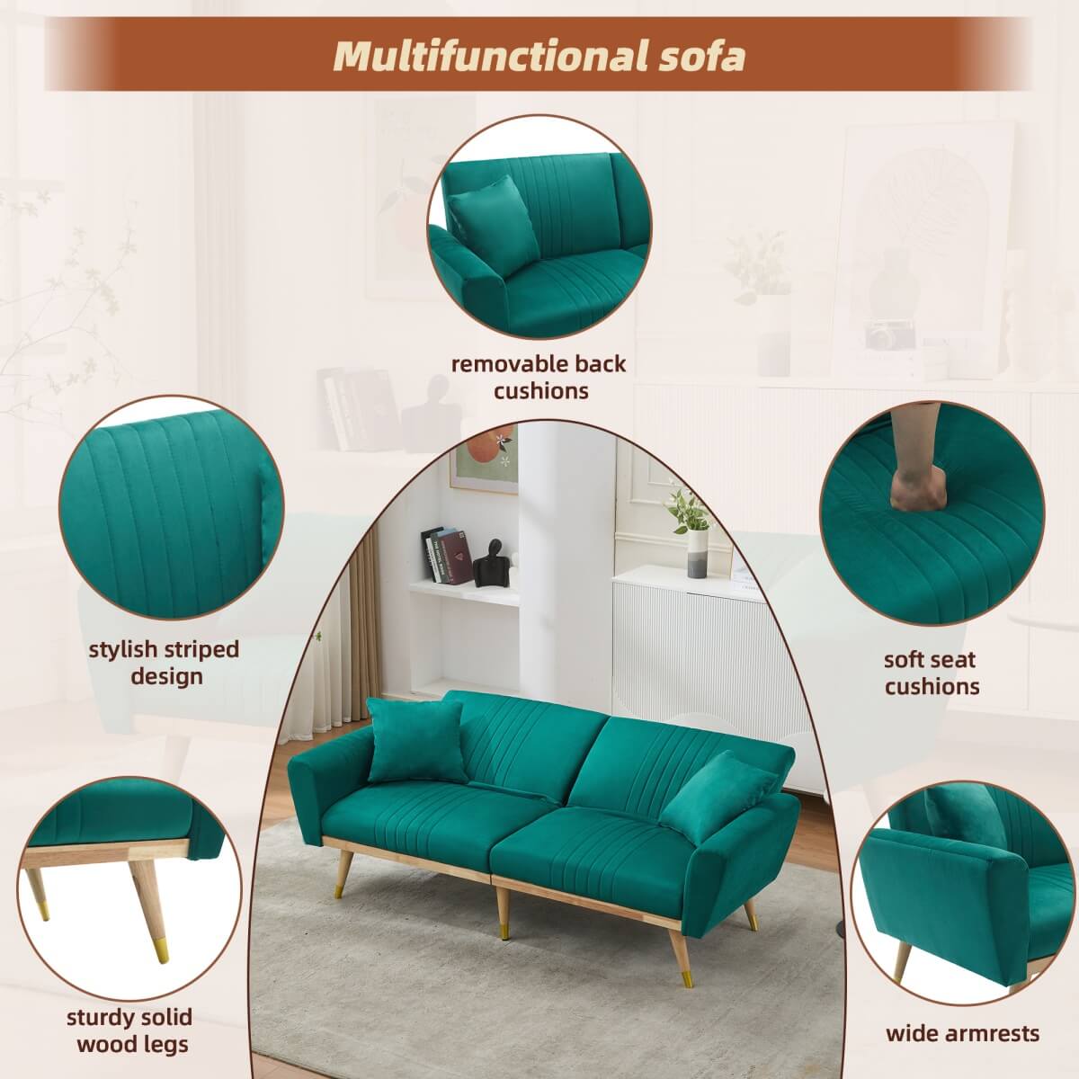 Convertible Futon Sofa Bed - Adjustable Backrest, Fleece Fabric, 2 Seater, Green
