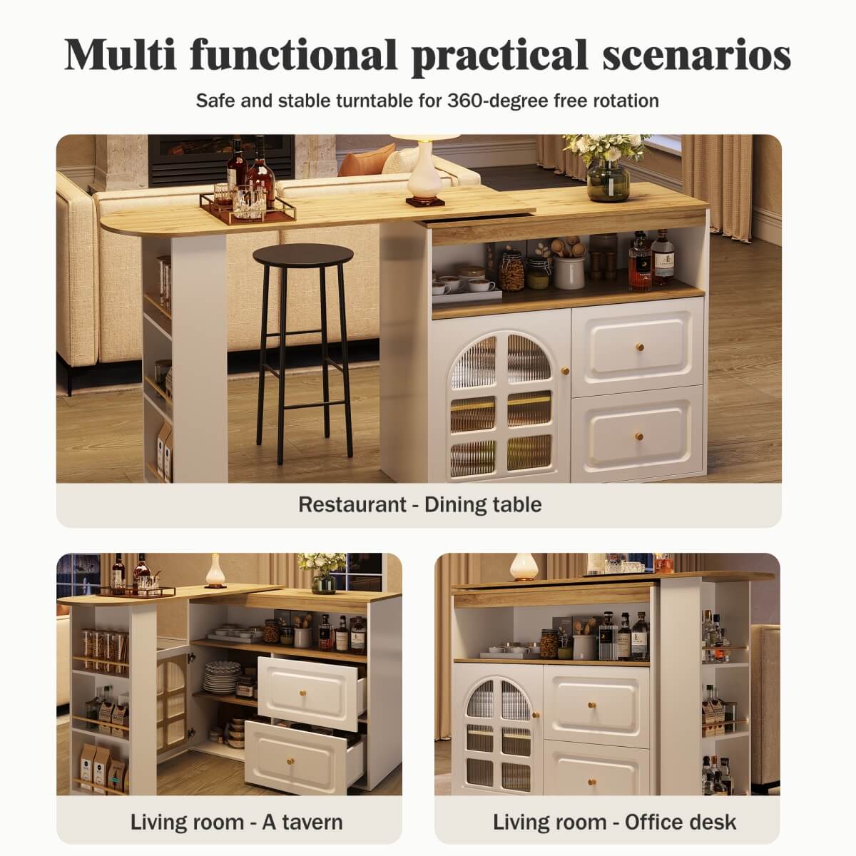 Rotating Sideboard Cabinet - 2 Drawers with Open Storage & Curved Glass Shelves