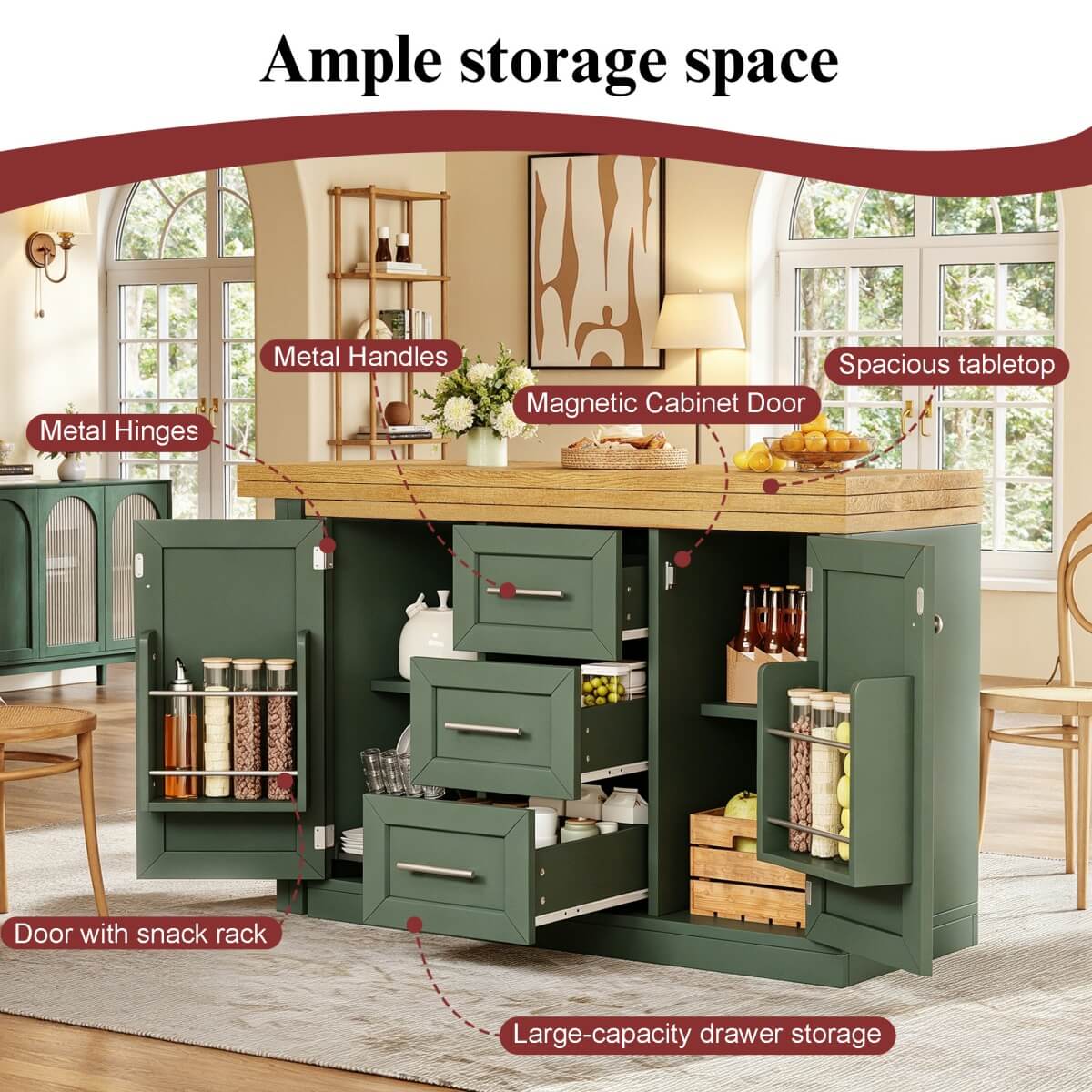 Extendable Kitchen Island with Storage - Sideboard Dining Table with 3 Drawers & Snack Racks, Antique Green