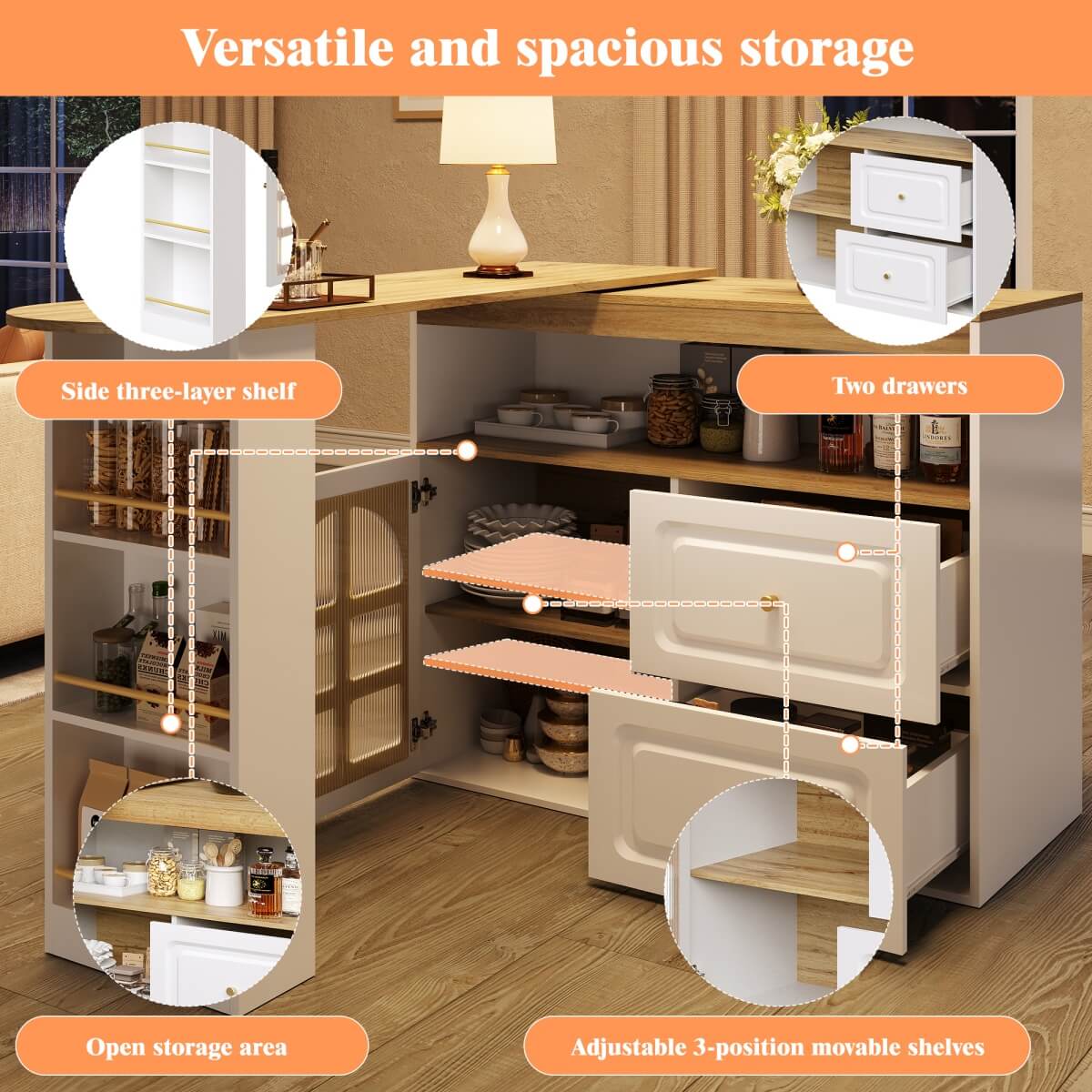 Rotating Sideboard Cabinet - 2 Drawers with Open Storage & Curved Glass Shelves