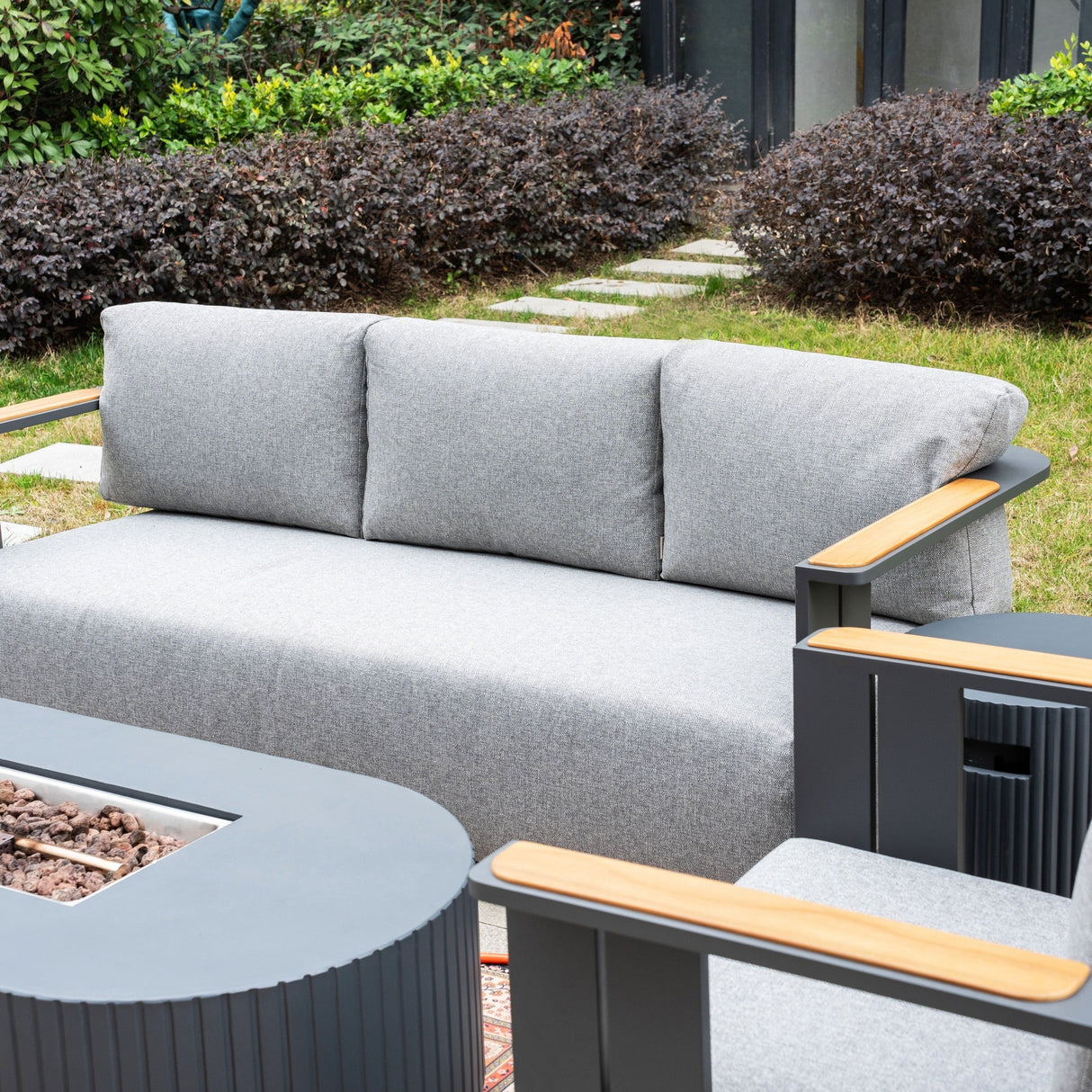 VAREL 4-Piece Sofa Set with LYRIN Fire Pit Table (2 Armchairs + 3-Seater)