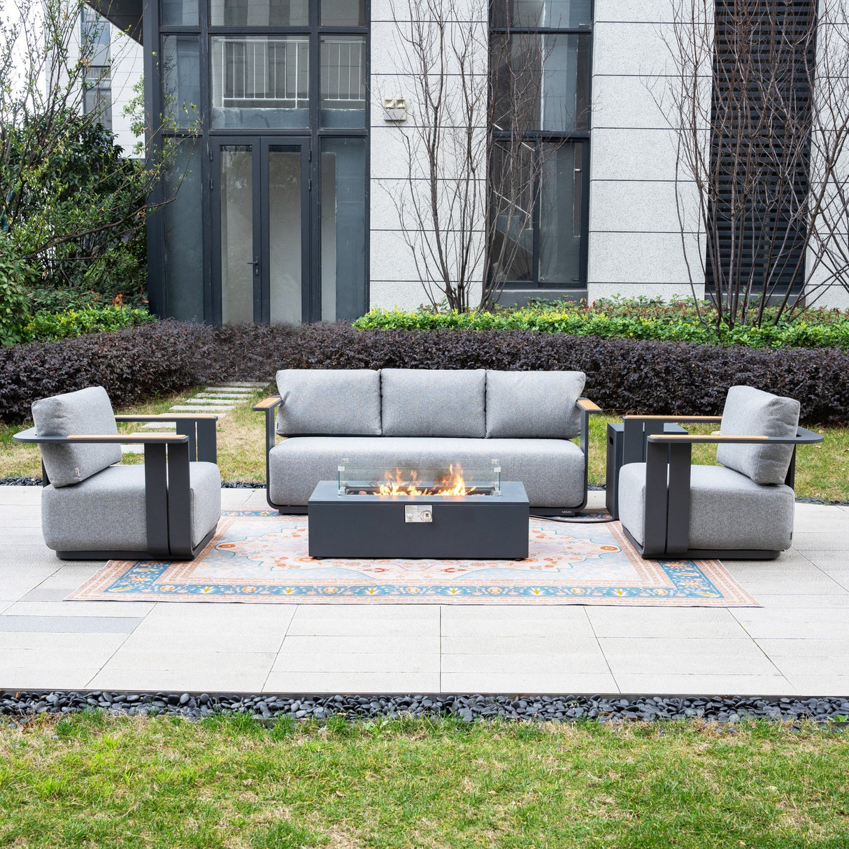 VAREL 4-Piece Sofa Set with ZENITH Fire Pit Table (2 Armchairs + 3-Seater)
