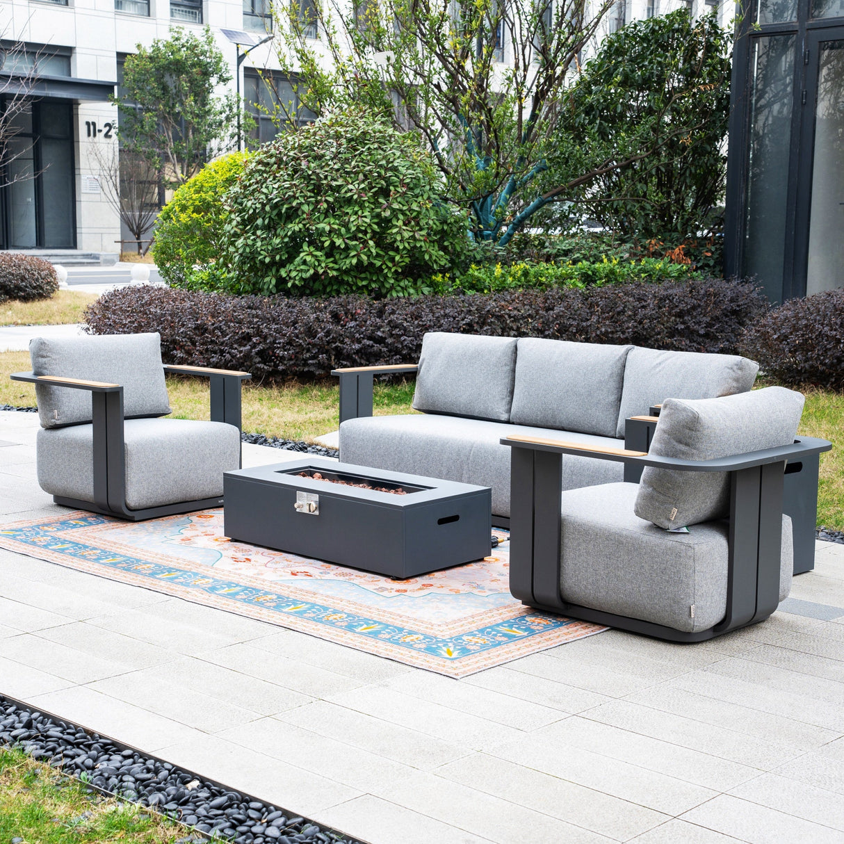 VAREL 4-Piece Sofa Set with ZENITH Fire Pit Table (2 Armchairs + 3-Seater)