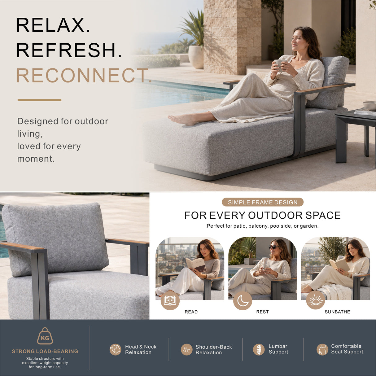 VAREL Outdoor Chaise Lounge – Aluminium Sun Lounger with Fire-Resistant Fabric