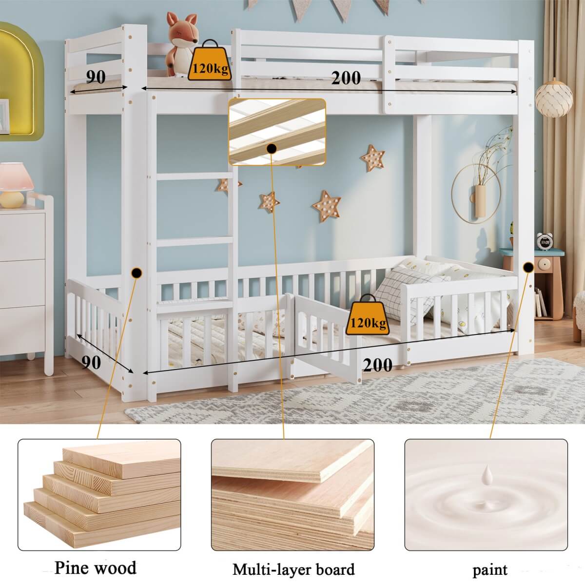 3ft White Solid Wood Bunk Bed — Children's Bed with Safety Rails, Fences & Door