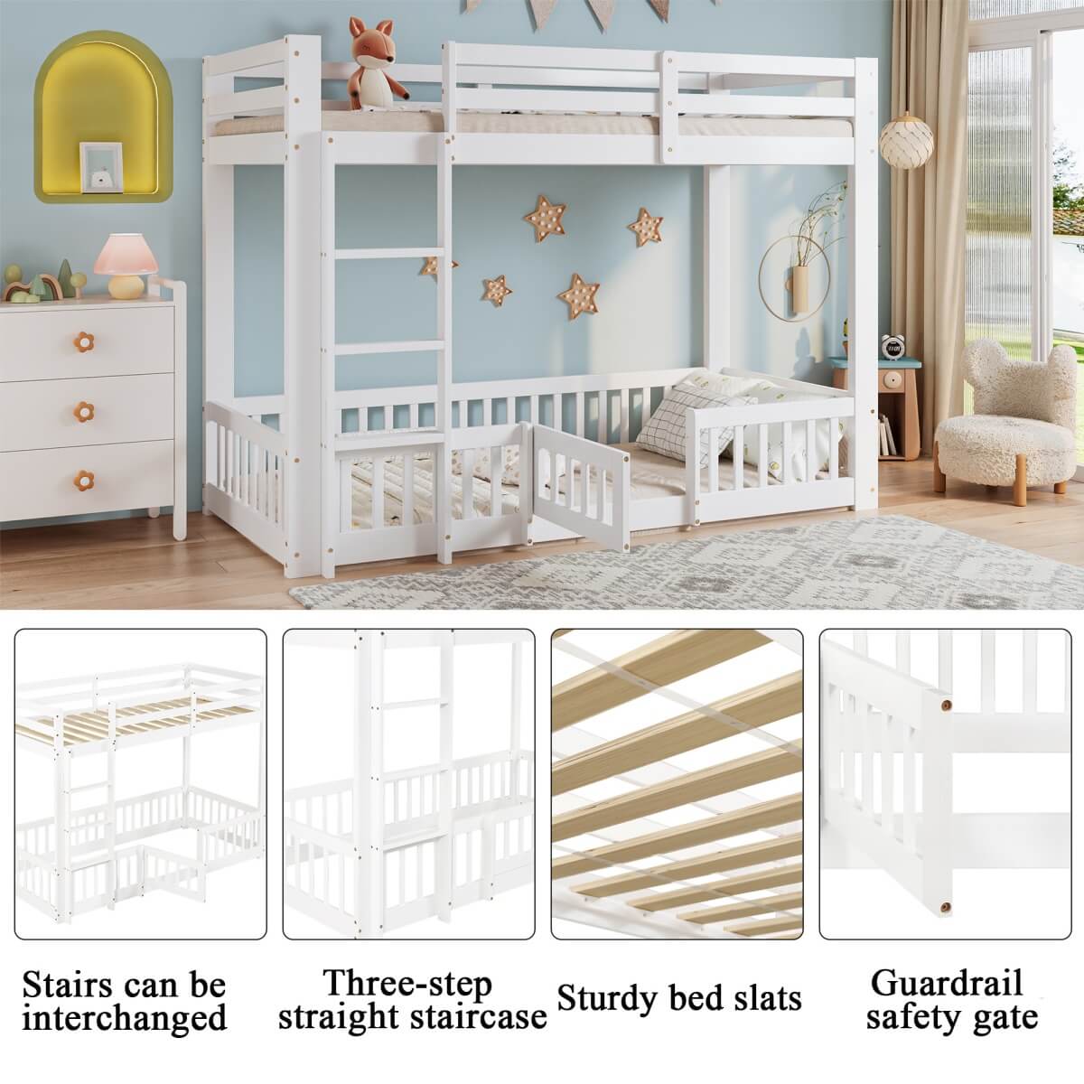 3ft White Solid Wood Bunk Bed — Children's Bed with Safety Rails, Fences & Door