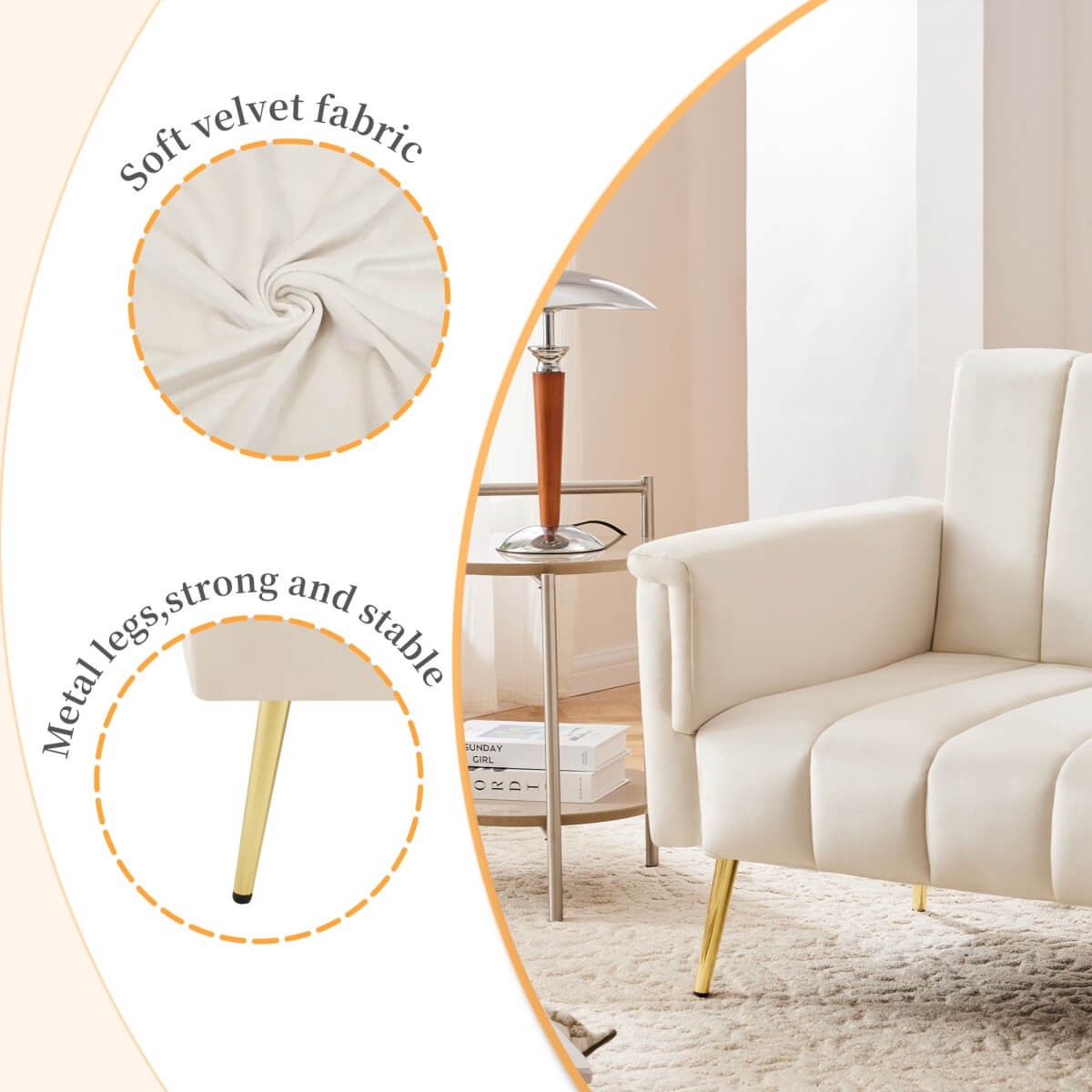 Modern Velvet Sofa Bed - Adjustable Backrest & Armrests, Convertible Sleeper with Metal Legs for Living Room, Bedroom & Guest Room, Beige