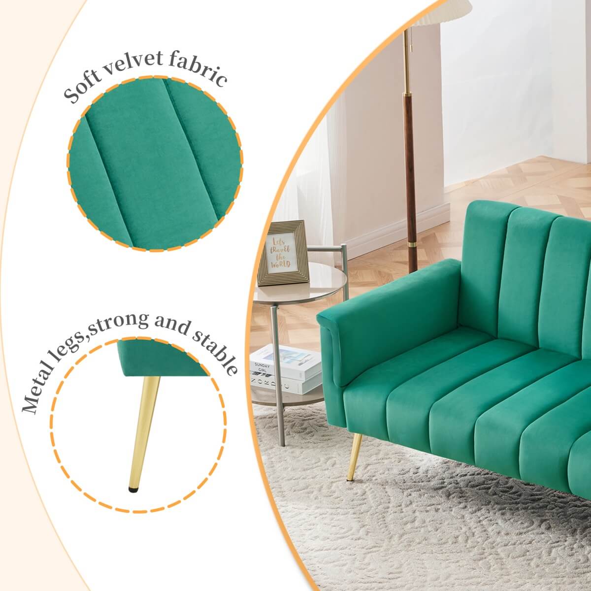 Modern Velvet Sofa Bed - Adjustable Backrest & Armrests, Convertible Sleeper with Metal Legs for Living Room, Bedroom & Guest Room, Green