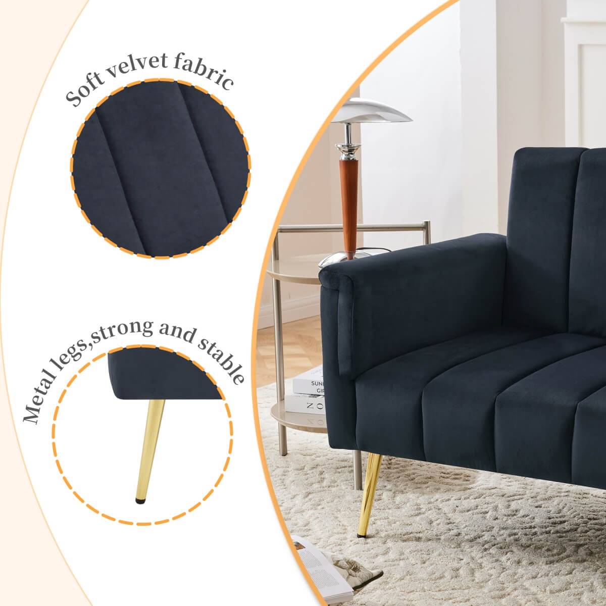 Modern Velvet Sofa Bed - Adjustable Backrest & Armrests, Convertible Sleeper with Metal Legs for Living Room & Guest Room, Black