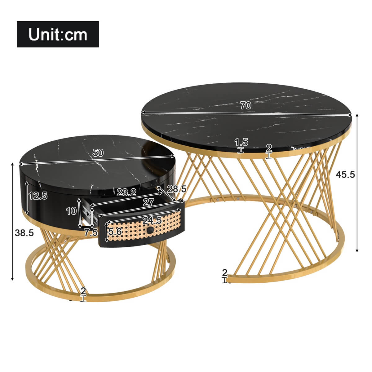 2 in 1 Round Coffee Table Set - Marble Effect Top, Rattan Drawers, Gold Metal Legs