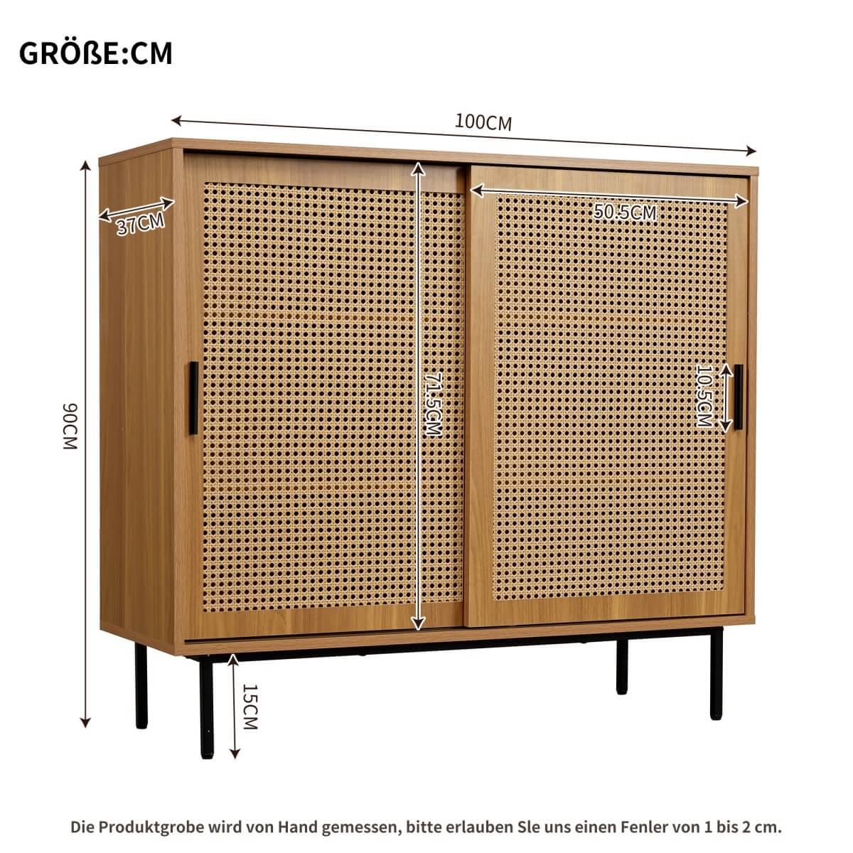Rattan Sideboard Cabinet - Walnut Storage Cupboard with Sliding Barn Doors and Adjustable Shelves