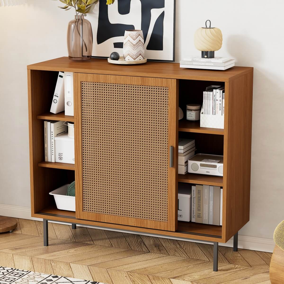 Rattan Sideboard Cabinet - Walnut Storage Cupboard with Sliding Barn Doors and Adjustable Shelves