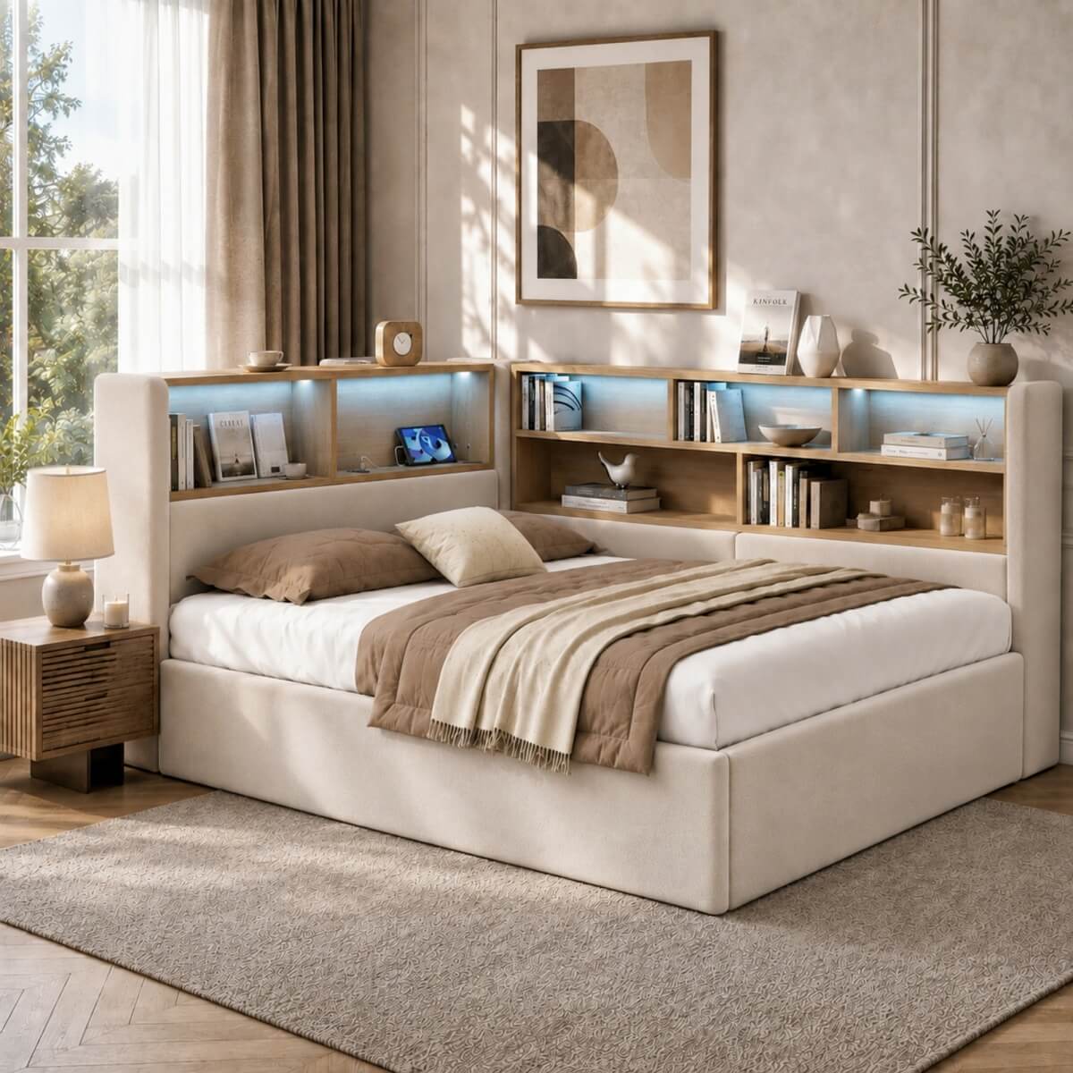 4ft6 Double Velvet Upholstered Daybed with Hydraulic Storage - L-Shaped Sofa Bed with LED Lights and USB Charging, Beige