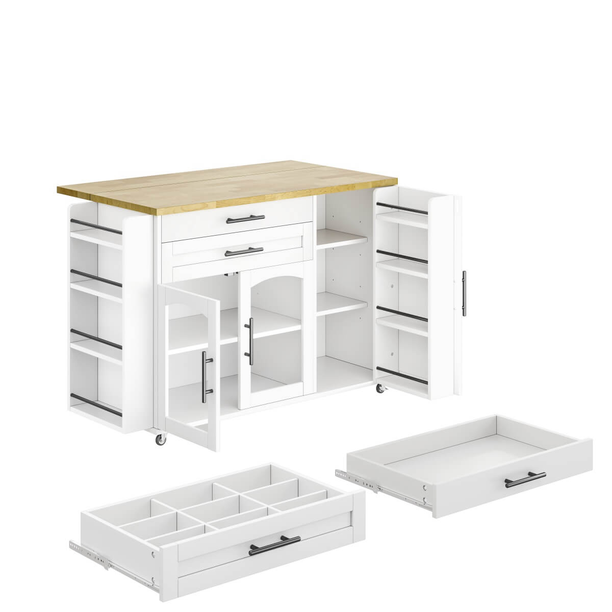 Kitchen Island Trolley - Foldable Worktop, Storage Shelves, Drawer, Wheels