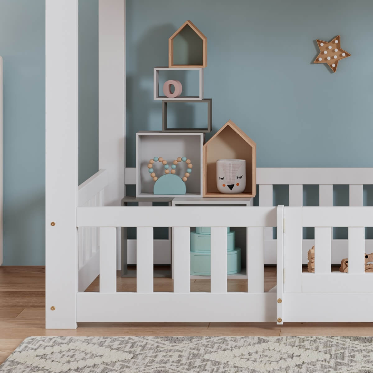 3ft White Solid Wood Bunk Bed — Children's Bed with Safety Rails, Fences & Door