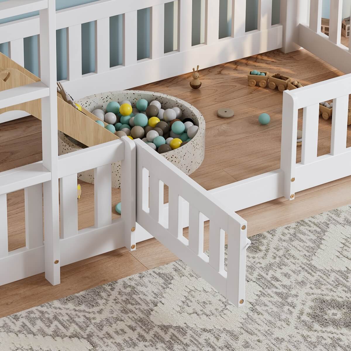 3ft White Solid Wood Bunk Bed — Children's Bed with Safety Rails, Fences & Door