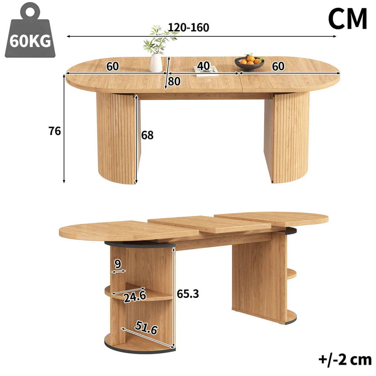 Extendable Dining Table with Hidden Storage - Space Saving Kitchen & Living Room Table, Natural Wood