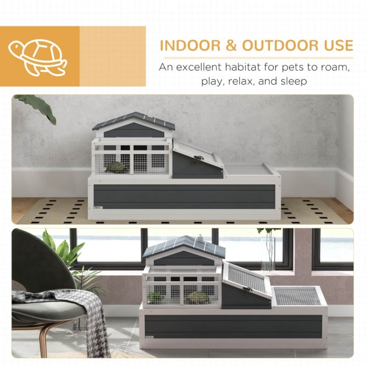 Deluxe 2-Storey Tortoise House ¨C 3-Room Habitat with Ladder, Balcony & Easy-Access Roof, Grey