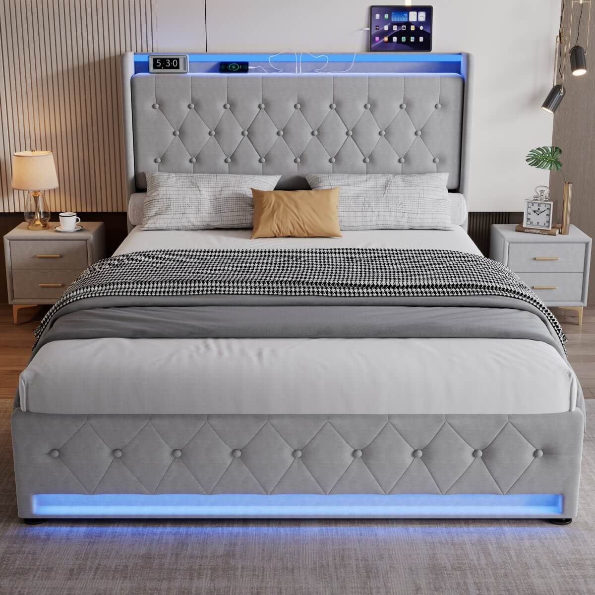 4ft6 Double Upholstered Storage Bed - Velvet Bed Frame with 4 Drawers, LED Light Strips & Charging Socket, Grey