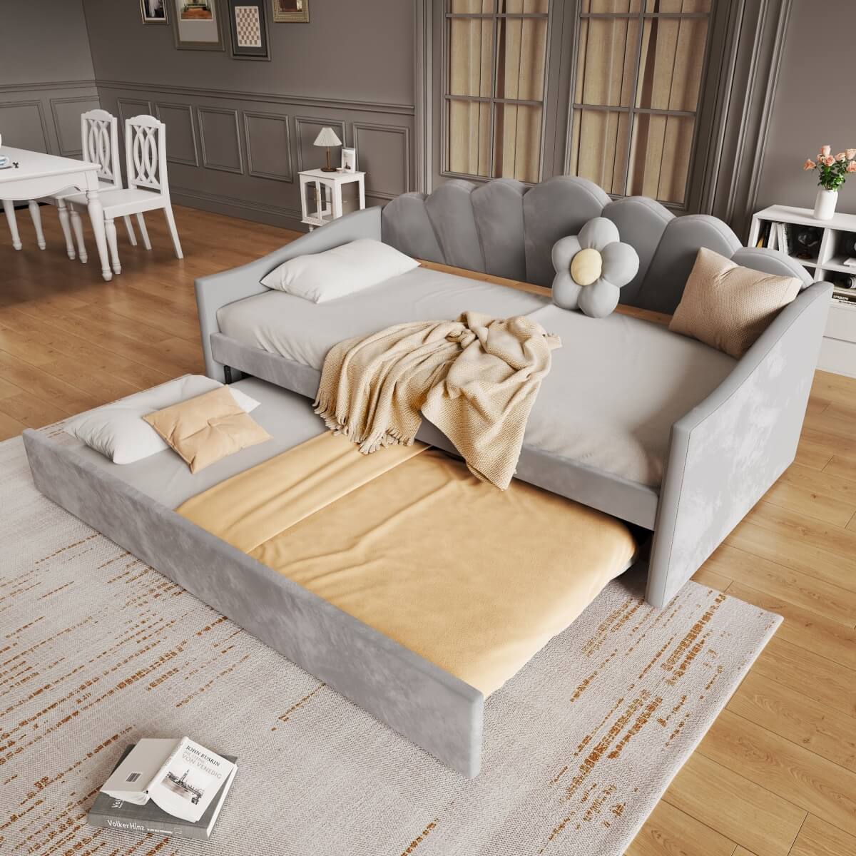 3ft Single Upholstered Day Bed - Velvet Sofa Bed with Pull-Out Trundle Bed, Grey
