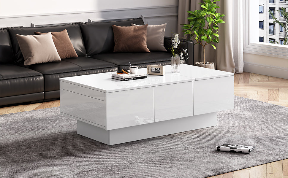 Coffee Table for Living Room, Modern Side Table with 2 Drawers and 2 Big Storage Space, White High Gloss Particle Board